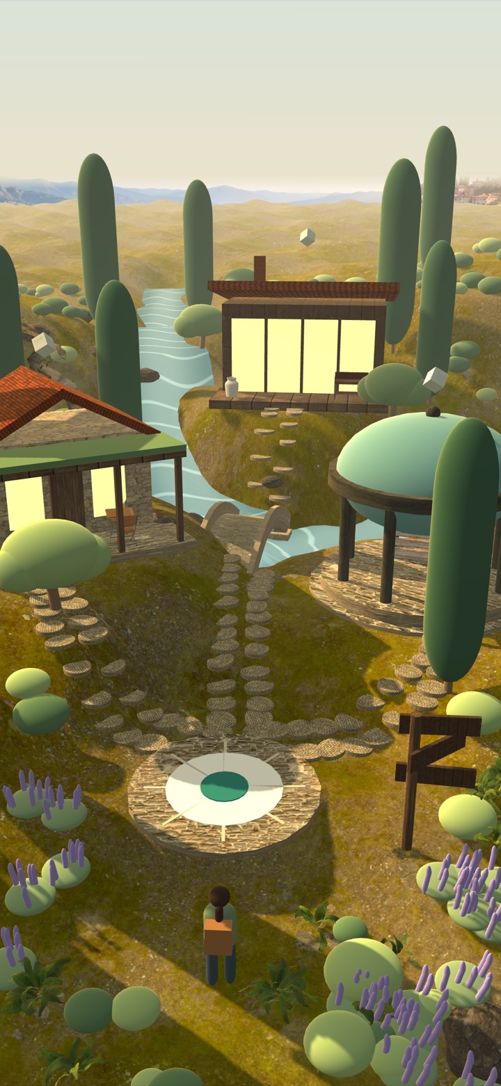 Daytoward's route world: stone paths leading from a starting point to three homes on green hills